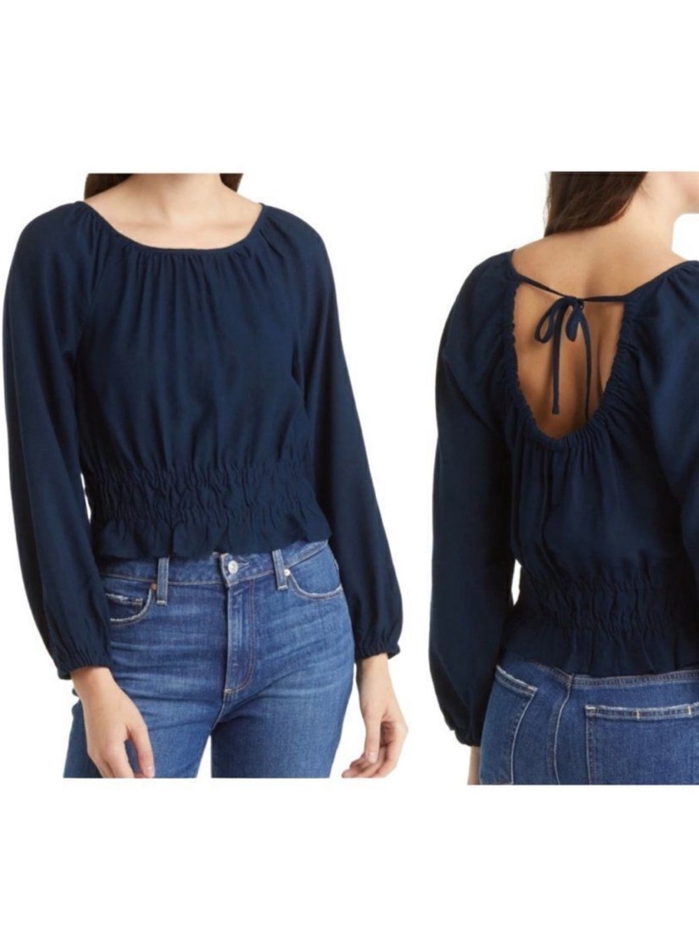 Madewell Navy Twill Tie-Back Smocked-Waist Top